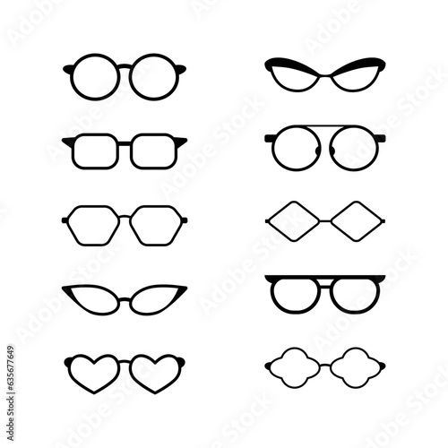 Collection of eyeglass frames. Sunglasses silhouette. Set of frames for fashionable glasses. Unusual retro shapes. Vector.