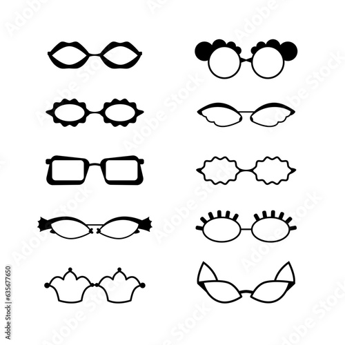 Collection of eyeglass frames. Sunglasses silhouette. Set of frames for fashionable glasses. Unusual retro shapes. Vector.