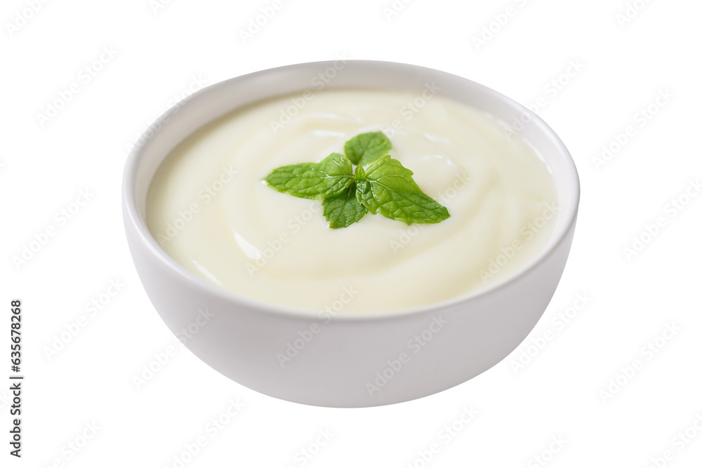 Yogurt in a bowl with mint leaf on png transparent background Yogurt in a bowl with mint leaf on png transparent background