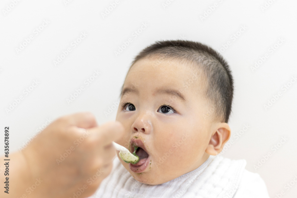 離乳食を食べる赤ちゃん（男の子、日本人、0歳、生後8か月）