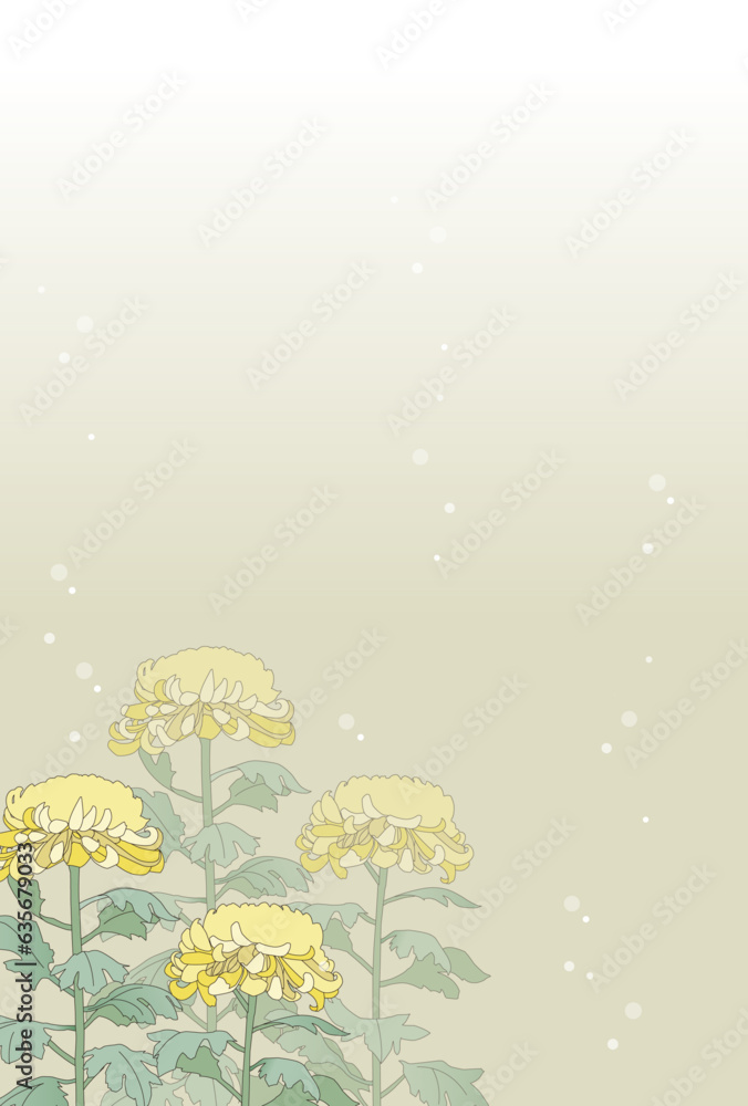 Naklejka premium 雪が降る背景と菊の花の寒中見舞い・喪中イラスト