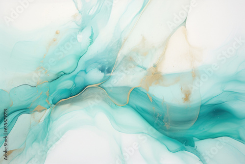 Liquid ink Turquoise Texture. Vibrant Watercolor Design, Artistic Abstract Waves, Trendy Golden Green Stains, Flowing Splashes and Drips. Generative AI.