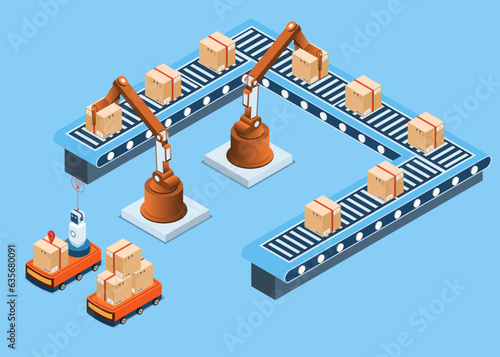 Automation factory concept with Warehouse Automation System, Conveyor belt and Autonomous robot. Isometric Vector illustration EPS 10