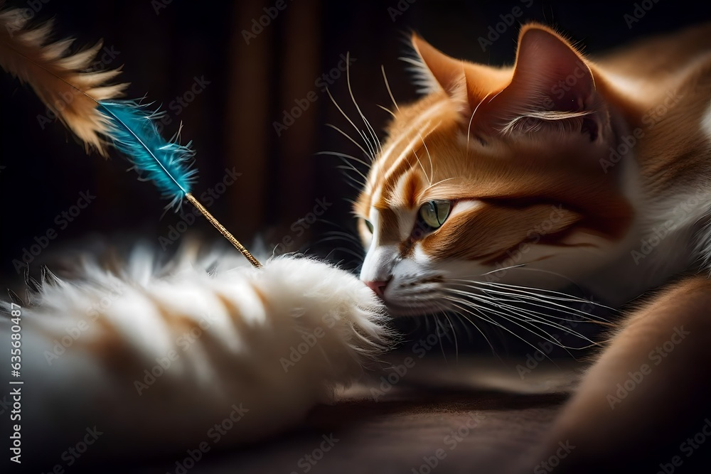  a cat's paw batting at a feather toy,