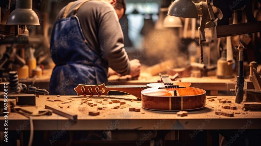 luthier crafting a guitar in a wood-filled workshop generative ai