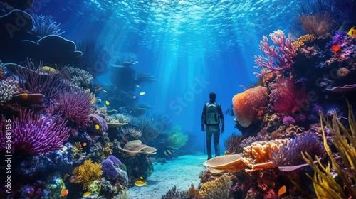professional deep-sea diver exploring a coral reef generative ai