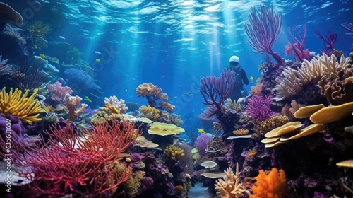 professional deep-sea diver exploring a coral reef generative ai © ThisDesign