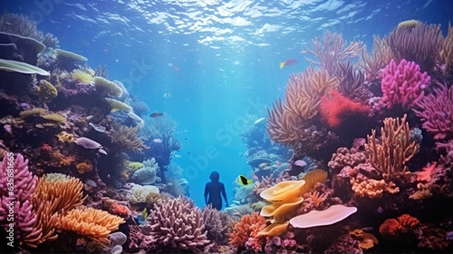 professional deep-sea diver exploring a coral reef generative ai © ThisDesign