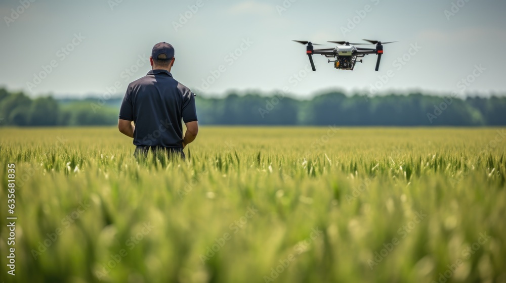 professional drone operator controlling a drone in a field, generative ai professional drone operator controlling a drone in a field, generative ai