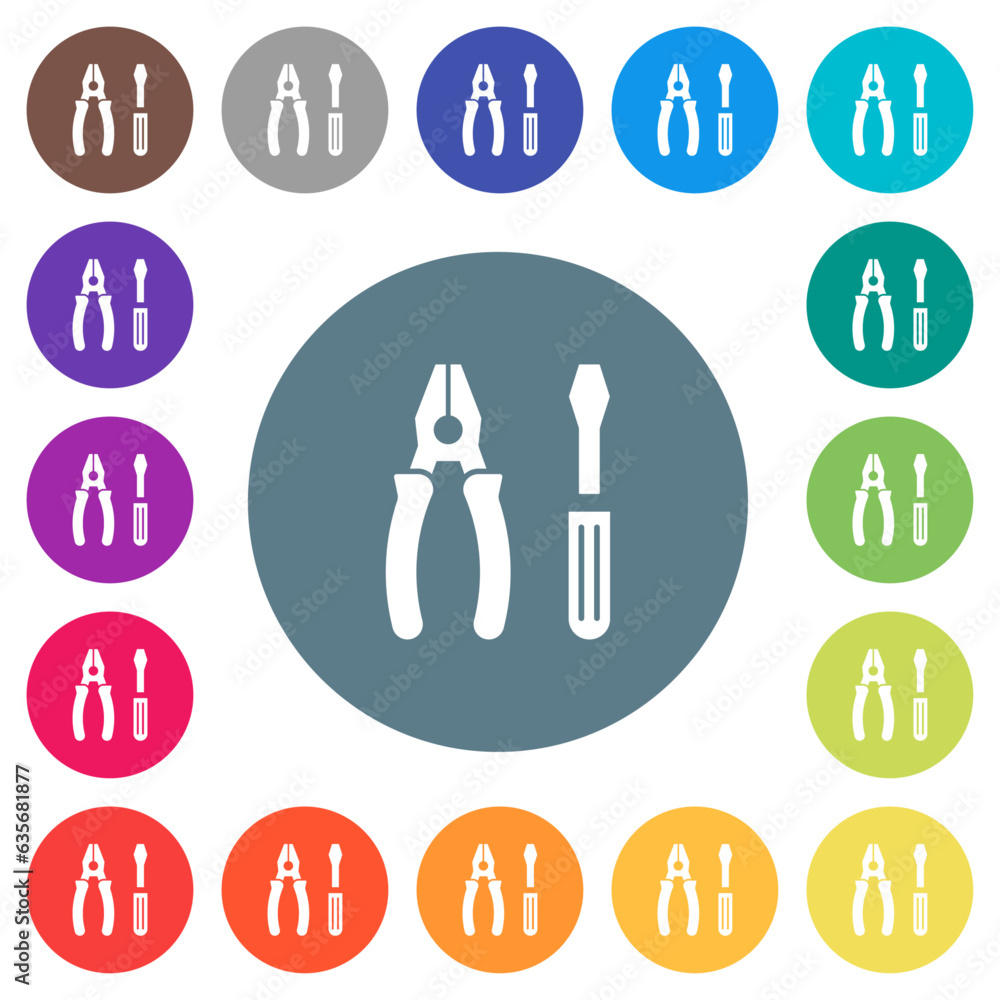 Combined pliers and screwdriver flat white icons on round color backgrounds Combined pliers and screwdriver flat white icons on round color backgrounds