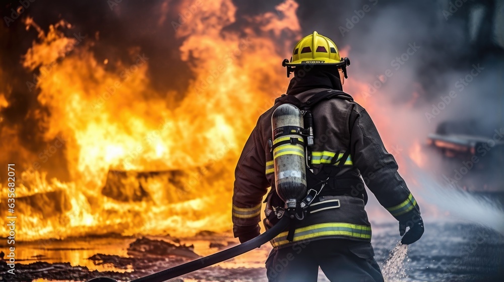 Fototapeta premium professional firefighter putting out a fire during a drill generative ai