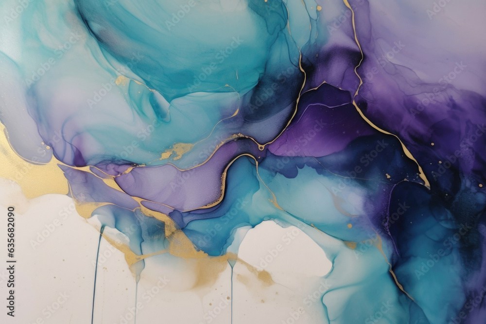 Purple Gold Liquid Tirquoise Texture. A Blend of Purple, Gold, Blue and Turquoise, Fluid Ink Splashes and Waves, Abstract Watercolor Design for Modern Projects. Generative AI.