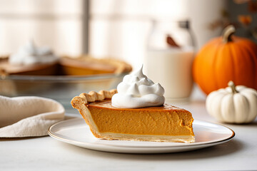 Slice of traditional pumpkin pie for Thanksgiving dinner, topped with whipped cream, generative AI