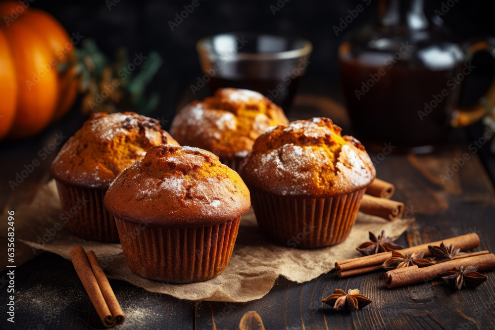 Pumpkin muffins on a wooden table homemade and freshly baked, fall dessert or snack idea, generative AI