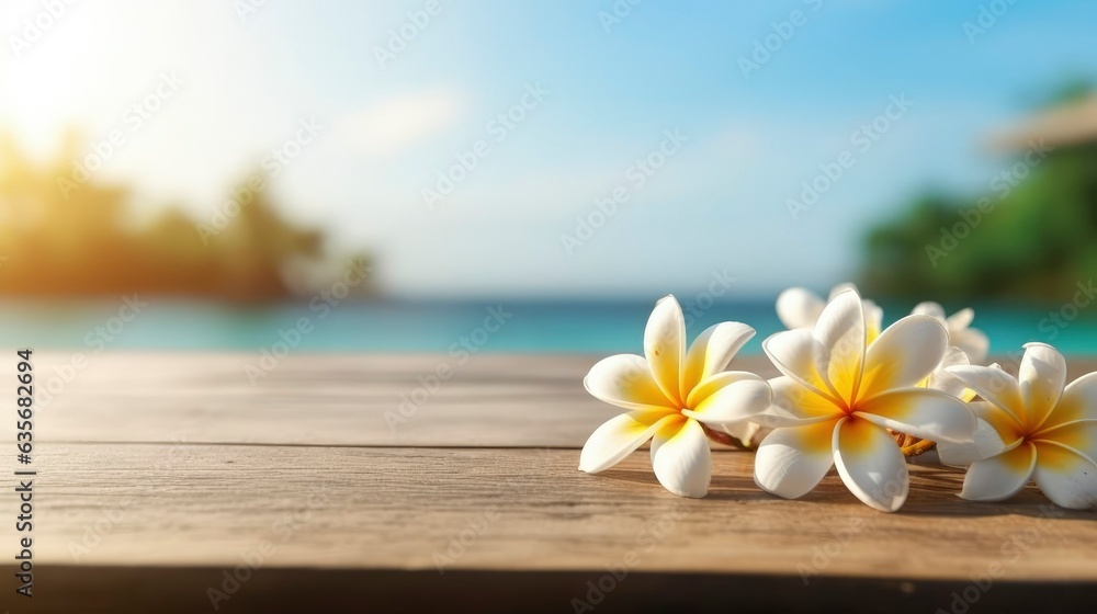 Frangipani flower on wooden table. Frangipani flowers on a summer beach background