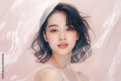 Close-up portrait of young woman hyper realistic portrait in positive view, beautiful model posing in studio over effect pastel background. Generative AI.
