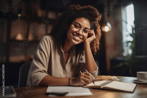 Joyful ethnic female engaged in phone conversation, efficiently multitasking from her home workspace.