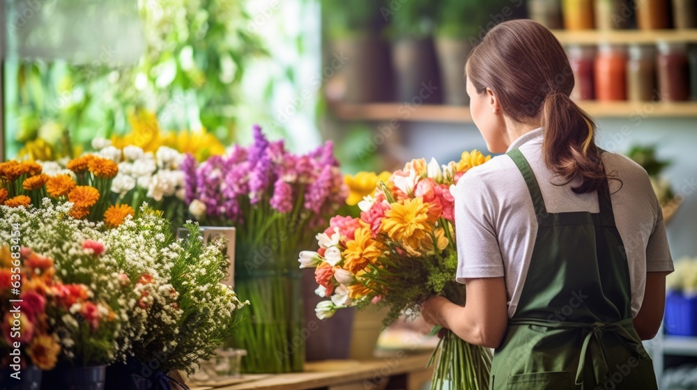 florist arranging a bouquet in a bright flower shop generative ai
