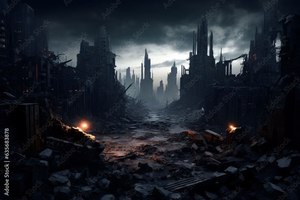 City ruins intertwined with remnants of futuristic architecture ...