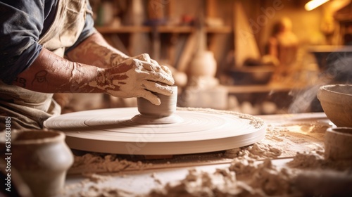 potter shaping clay on a wheel in a cozy studio, generative ai