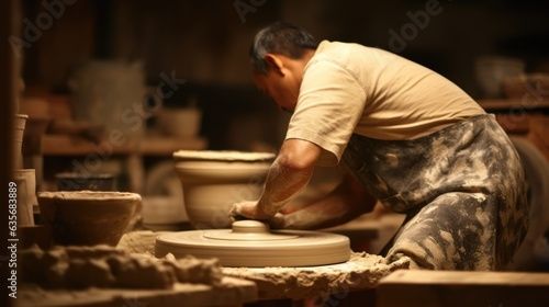 potter shaping clay on a wheel in a cozy studio, generative ai