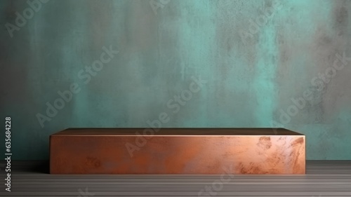 Copper with Patina Abstract Minimalistic Product Podium. The Scene for Product Presentation. 3D Room with Geometric Platform Stage Pedestal. Ai Generated Podium Mockup for a Product advertisement.