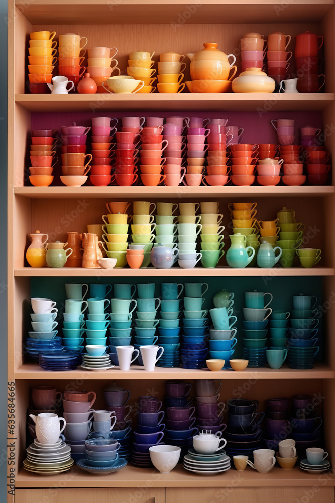 Rainbow colorful cups, mugs and plates arranged and stacked neatly on shelves, generative AI Rainbow colorful cups, mugs and plates arranged and stacked neatly on shelves, generative AI