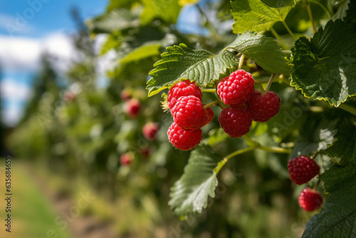 Raspberry plant with ripe red raspberries outside on sunny day in an orchard  generative AI
