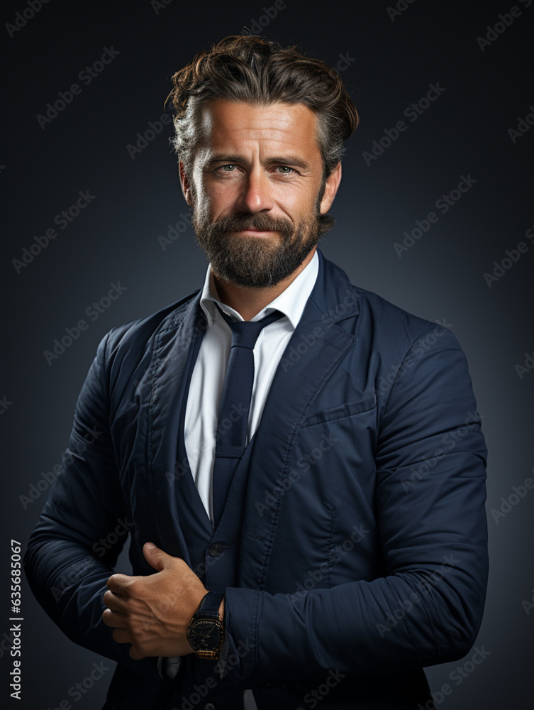 Photorealistic concept of one mid-aged business man, wearing a blue suit on dark background, professional mockup Photorealistic concept of one mid-aged business man, wearing a blue suit on dark background, professional mockup