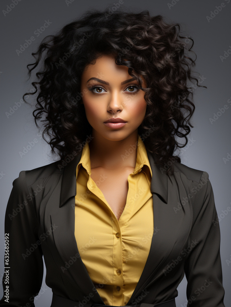 Photorealistic concept of one female, young business woman, executive, CEO wearing a grey suit