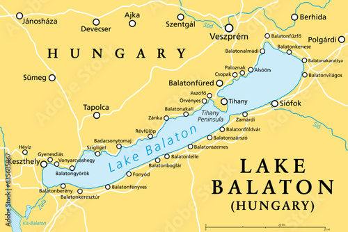 Lake Balaton, political map. Freshwater rift lake in the Transdanubian region of Hungary in Europe. Tourist region with many resort towns. Most popular are Siofok, Keszthely, Balatonfured and Zamardi. photo