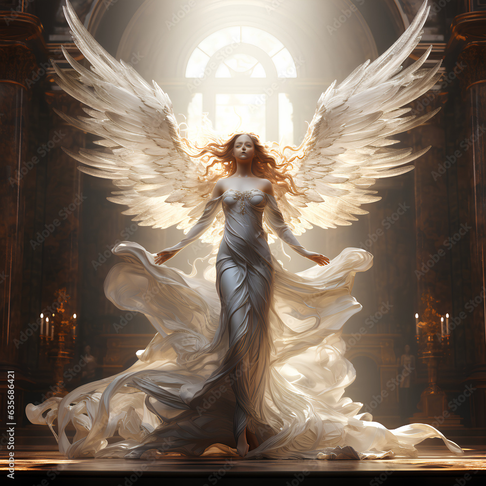 Beautiful angel ascending in the cathedral - obrazy, fototapety, plakaty 