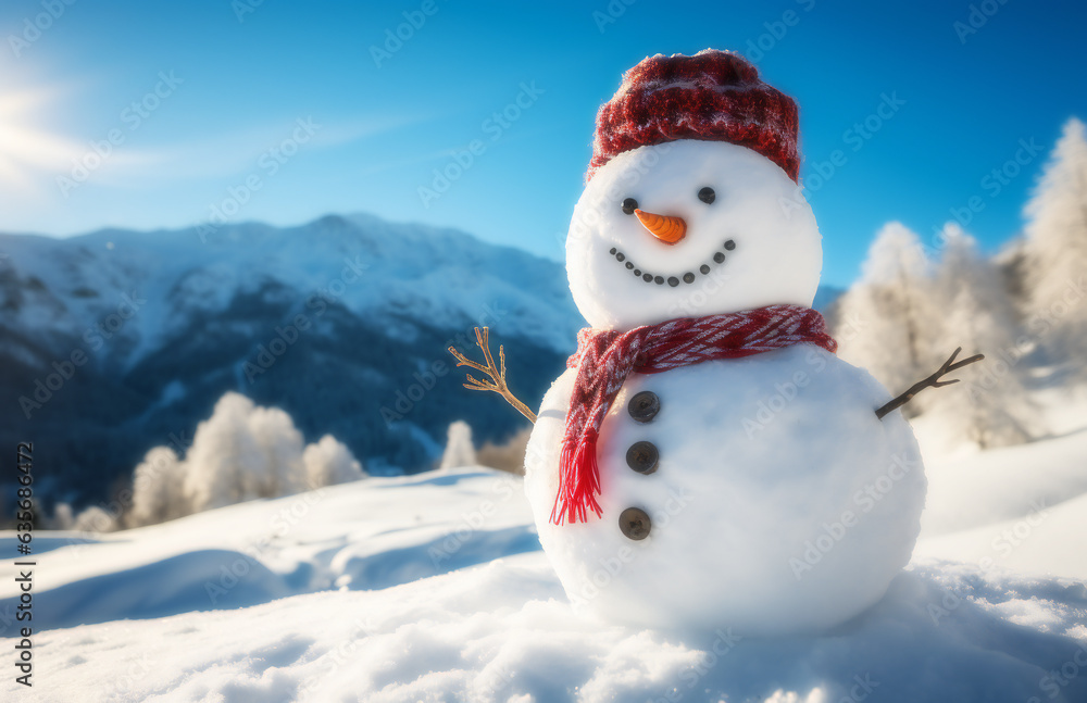 Joyful Snowman on a Mountain Slope