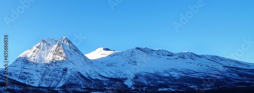 Snow mountain during winter season at Lofoten, Norway, Europe.