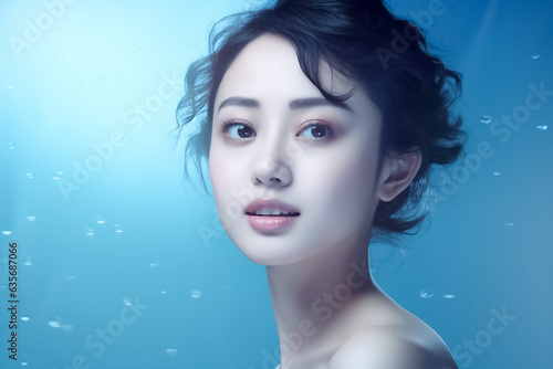a hyper-realistic close-up captures the positive essence of a young woman. With an alluring Blue backdrop of pastel hues, the beautiful model strikes a poised pose. Created using Generative AI. © Surachetsh