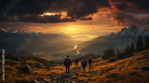 Group of people hiking. scenic forest landscape in the background. Made with Generative AI.   © Paul
