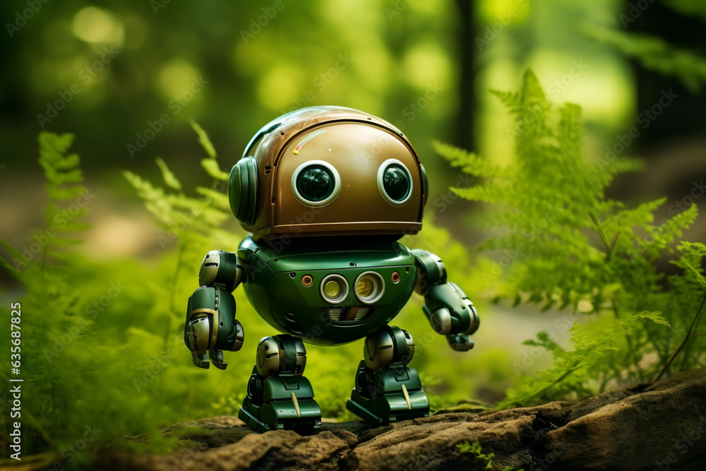 Eco-friendly green robot in nature. future toys