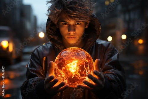 Indian teenager with superpowers holding a glowing power