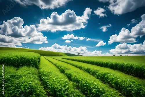 beautiful scene of green field and blue sky white clouds 