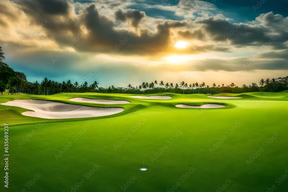 beautiful scene of green golf ground and blue sky white clouds 