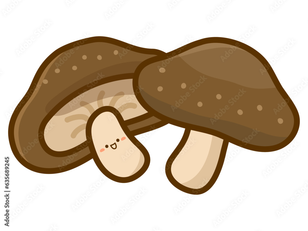 秋の味覚のイラスト素材、かわいい顔のあるシイタケ 秋の味覚のイラスト素材、かわいい顔のあるシイタケ