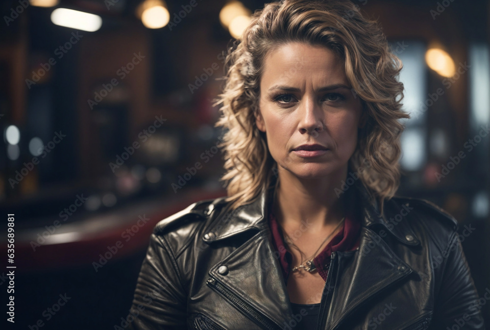 portrait of a biker woman with intense frowny look portrait of a biker woman with intense frowny look