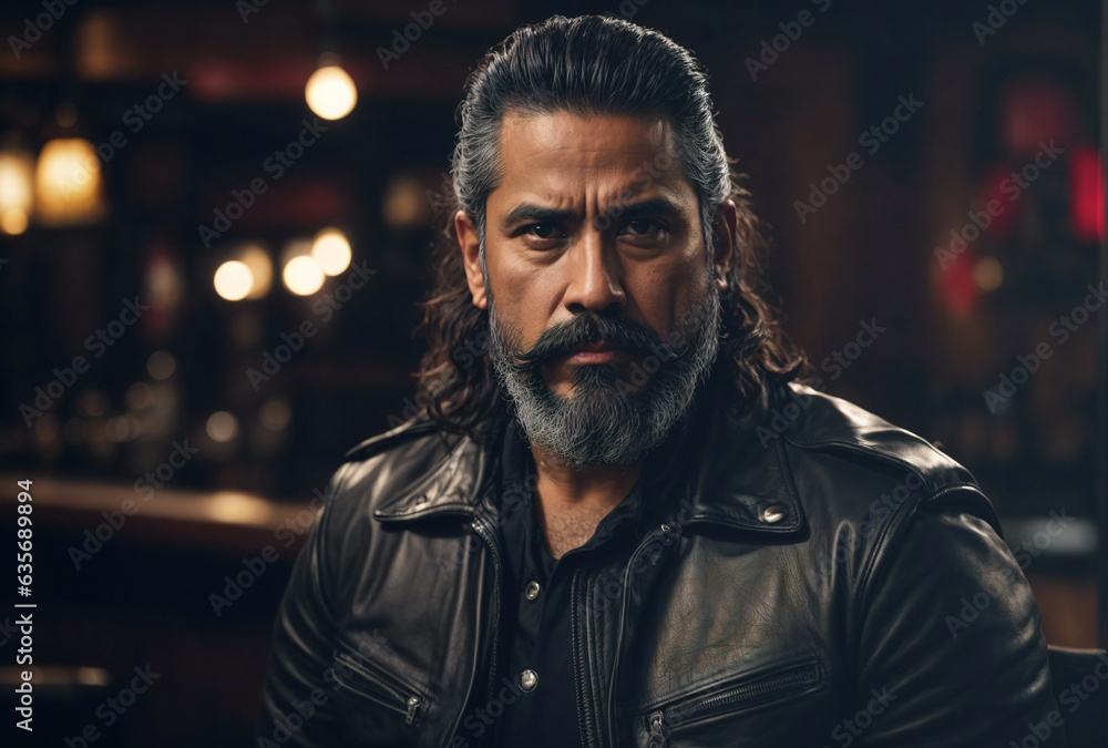 portrait of a Hispanic biker man with intense frowny look portrait of a Hispanic biker man with intense frowny look