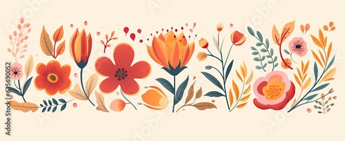 flowers and foliage colorful pattern spring summer background, Generative AI