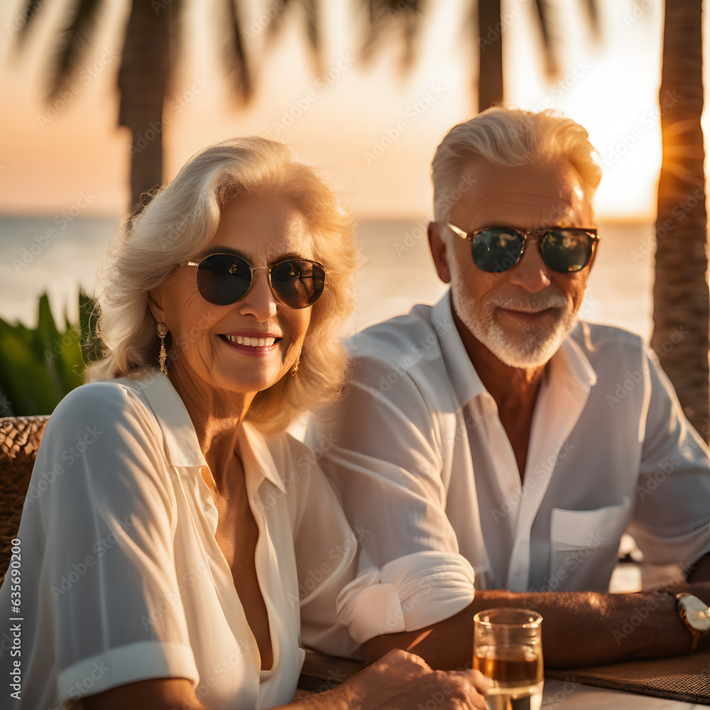 Portrait of happy senior couple having fun on the beach at sunset. Portrait of happy senior couple having fun on the beach at sunset.