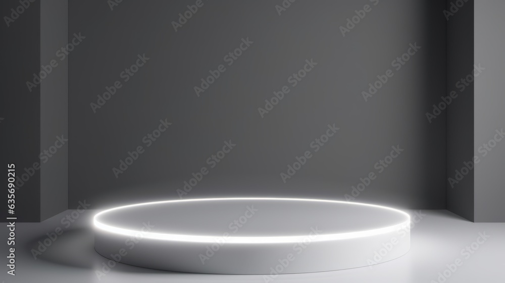 White LED Abstract Minimalistic Product Podium. The Scene for Product Presentation. 3D Room with Geometric Platform Stage Pedestal. Ai Generated Podium Mockup for a Product advertisement. White LED Abstract Minimalistic Product Podium. The Scene for Product Presentation. 3D Room with Geometric Platform Stage Pedestal. Ai Generated Podium Mockup for a Product advertisement.