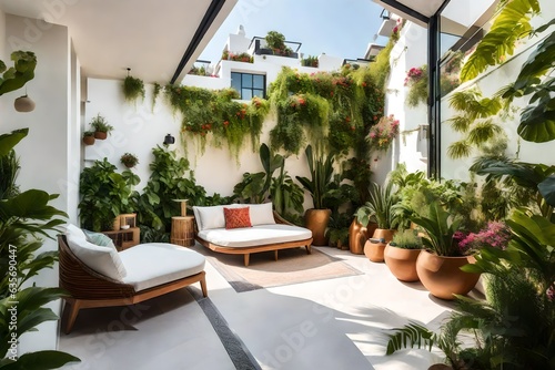 Modern balcony sitting area decorated with green plant and white wall.  © Mehram