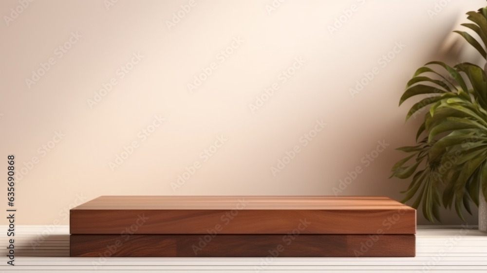 Wooden Walnut Abstract Minimalistic Product Podium. The Scene for Product Presentation. 3D Room with Geometric Platform Stage Pedestal. Ai Generated Podium Mockup for a Product advertisement. Wooden Walnut Abstract Minimalistic Product Podium. The Scene for Product Presentation. 3D Room with Geometric Platform Stage Pedestal. Ai Generated Podium Mockup for a Product advertisement.