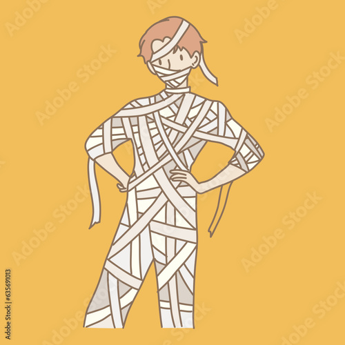 Man cosplaying as mummy for Halloween event. Teenager wrapping up with bandages as a mummy for Halloween costume. Hand drawn flat cartoon character vector illustration.