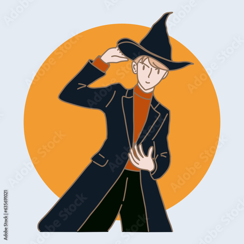 Man wearing wizard or witch costume for Halloween party. Hand drawn flat cartoon character vector illustration